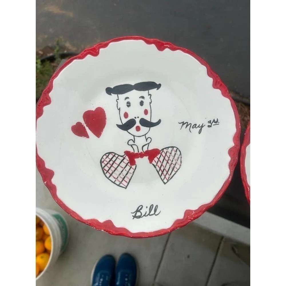 Vintage Kitchen Plates Portrait Folk Art Hand Decorated Set of 2 'Bill & Bessie'